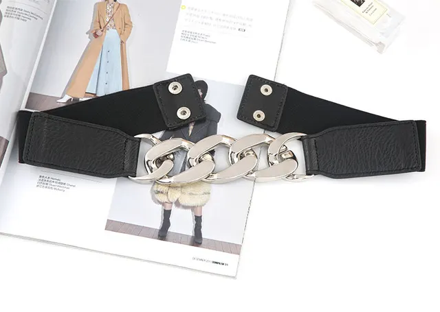 Elastic Waistband Decorative Fashion Dress Narrow Belt Silver Buckle - Shop at LoveMi