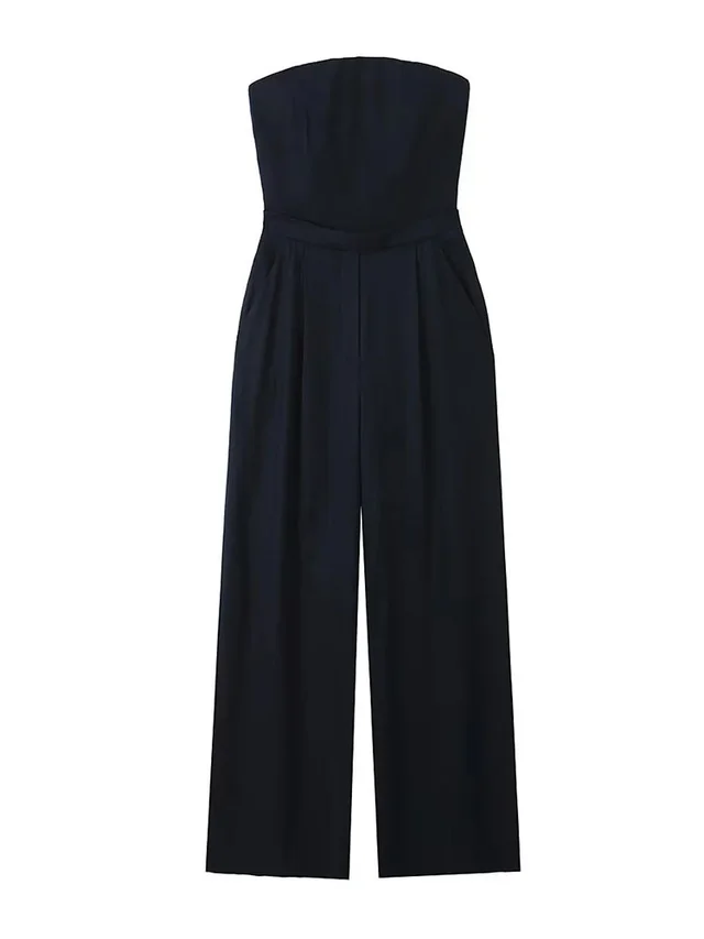 Women's Black Loose Fitting Linen Blend Bra Style Jumpsuit Black - Shop at LoveMi