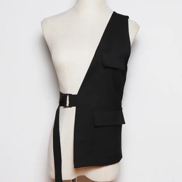 Women's Summer Special interest Design Shoulder Irregular Waist Seal Vest Black - Shop at LoveMi