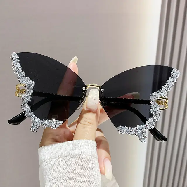Luxury Diamond Butterfly Sunglasses Women Brand Y2K Vintage Rimless Oversized Sun Glasses Ladies Eyewear Shades Dark Color - Shop at LoveMi