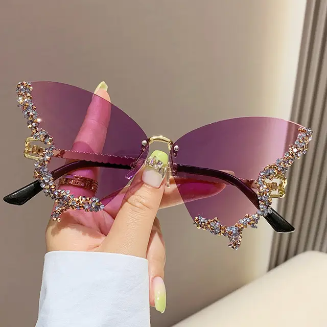 Luxury Diamond Butterfly Sunglasses Women Brand Y2K Vintage Rimless Oversized Sun Glasses Ladies Eyewear Shades Gradient Purple - Shop at LoveMi