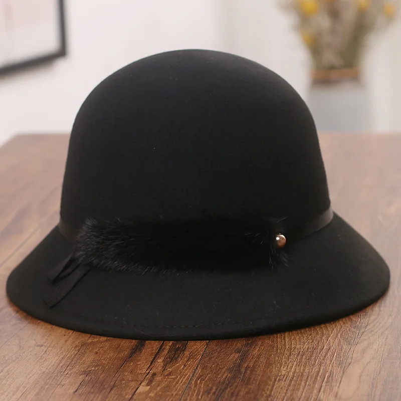 Hat Female Mink Fur Decoration Woolen Bowler Hat Korean All match Warm Bucket Hat Black - Shop at LoveMi