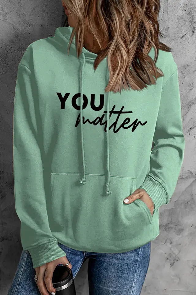 Front And Back Letters Women's Printed Wear Hooded Pocket Pullover Sports Long Sleeve Light Green Hoodie - Shop at LoveMi