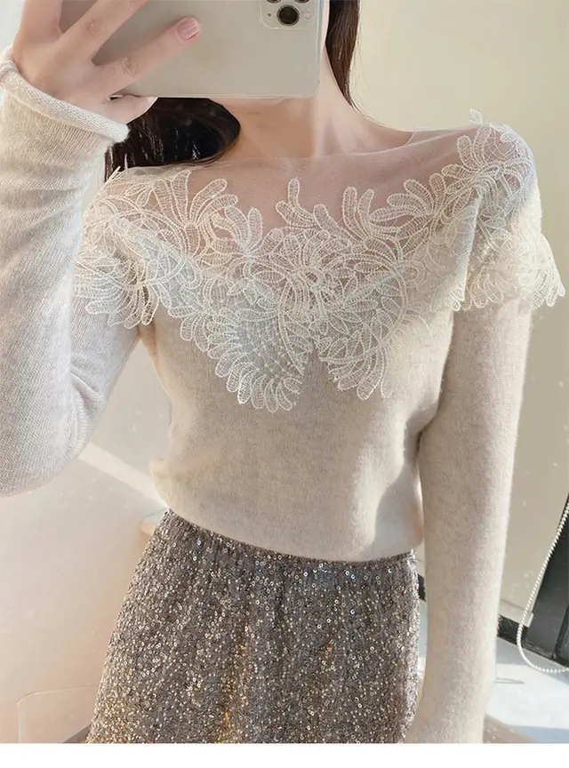 Women's Lace Stitching Embroidered Cashmere Sweater Top Beige - Shop at LoveMi
