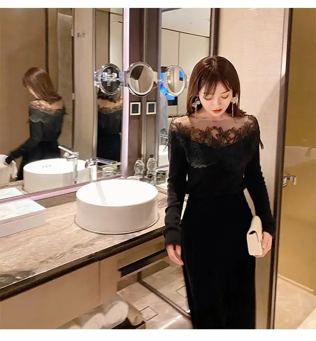 Women's Lace Stitching Embroidered Cashmere Sweater Top Black - Shop at LoveMi