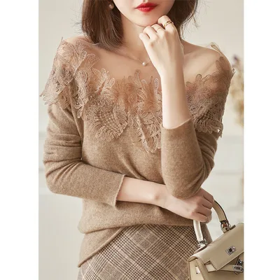 Women's Lace Stitching Embroidered Cashmere Sweater Top Oatmeal Color - Shop at LoveMi