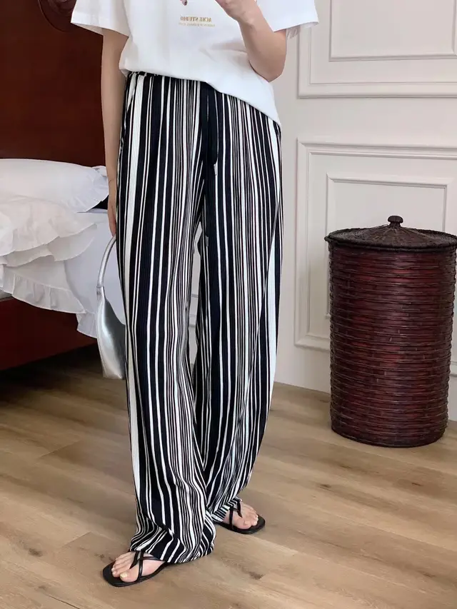 Black And White Striped Casual Pants For Women Summer White - Shop at LoveMi