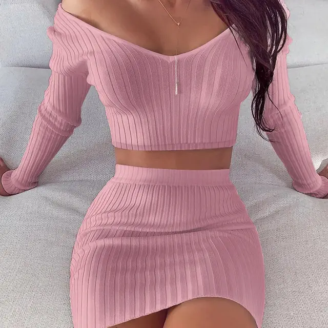 V neck Skirt Adult Lady Like Woman Style Long Sleeve Solid Color Skirt Suit Pink - Shop at LoveMi