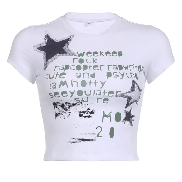 Summer Graffiti Letters Printed Simple Slim fit Figure Flattering Short sleeved Top For Women White - Shop at LoveMi