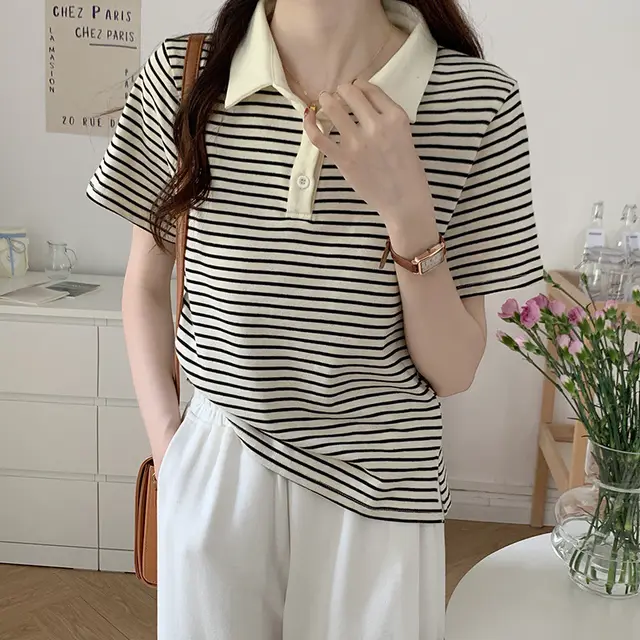 New Korean Style Cotton Yarn dyed Weaving Strip Shoulder Striped Short Sleeve Black Stripes - Shop at LoveMi