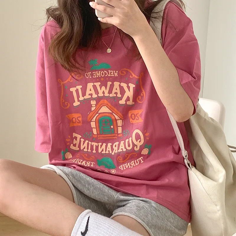 Women's Fashion Pure Cotton Contrast color Letter Print Short sleeve T shirt Cinnabar Red - Shop at LoveMi
