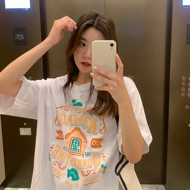 Women's Fashion Pure Cotton Contrast color Letter Print Short sleeve T shirt White - Shop at LoveMi