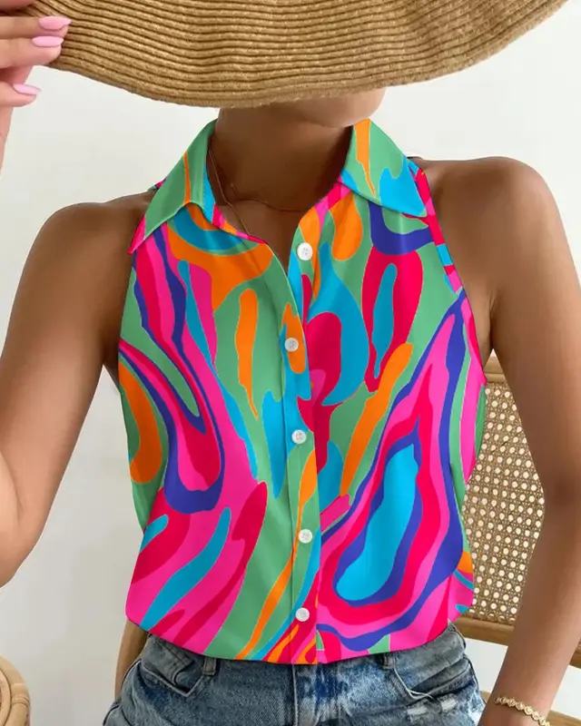 Summer Casual Fashion Shoulder baring Sleeveless Abstract Printing Women's Shirt Rose Red And Green - Shop at LoveMi