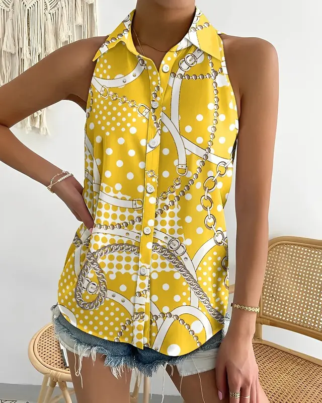 Summer Casual Fashion Shoulder baring Sleeveless Abstract Printing Women's Shirt Yellow Chain - Shop at LoveMi