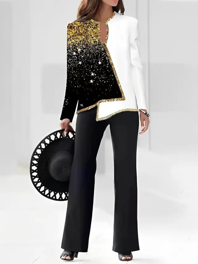 Women's Fashion 3D Digital Printing Shirt And Trousers Suit Golden Edge Black Starry Sky - Shop at LoveMi