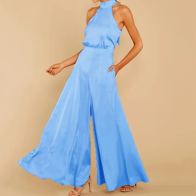 Women's Strapless High Waist One piece Wide leg Trousers Blue - Shop at LoveMi