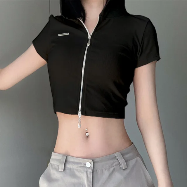 Design Sense Spicy Girl Style Backless Hollow Metal Buckle Webbing Stitching Hooded Sweatshirt Double Zipper Slimming Hundred With Tops Black - Shop at LoveMi