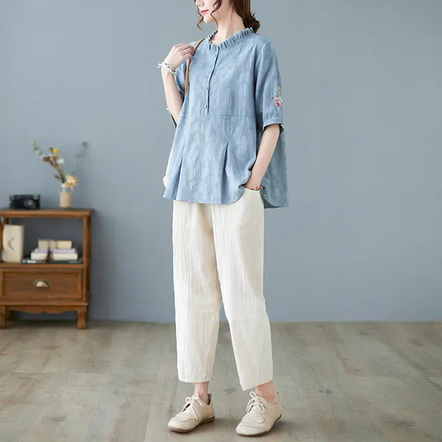 Plus Size Cotton Linen Jacquard Embroidered Loose Top Harem Pants Suit Blue Set - Shop at LoveMi