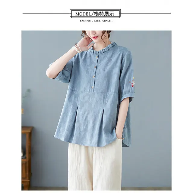 Plus Size Cotton Linen Jacquard Embroidered Loose Top Harem Pants Suit Blue Top - Shop at LoveMi