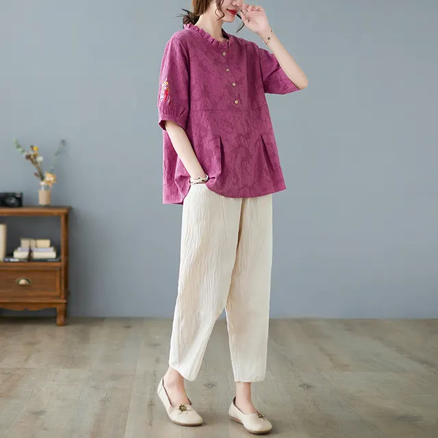 Plus Size Cotton Linen Jacquard Embroidered Loose Top Harem Pants Suit Rose Red Suit - Shop at LoveMi