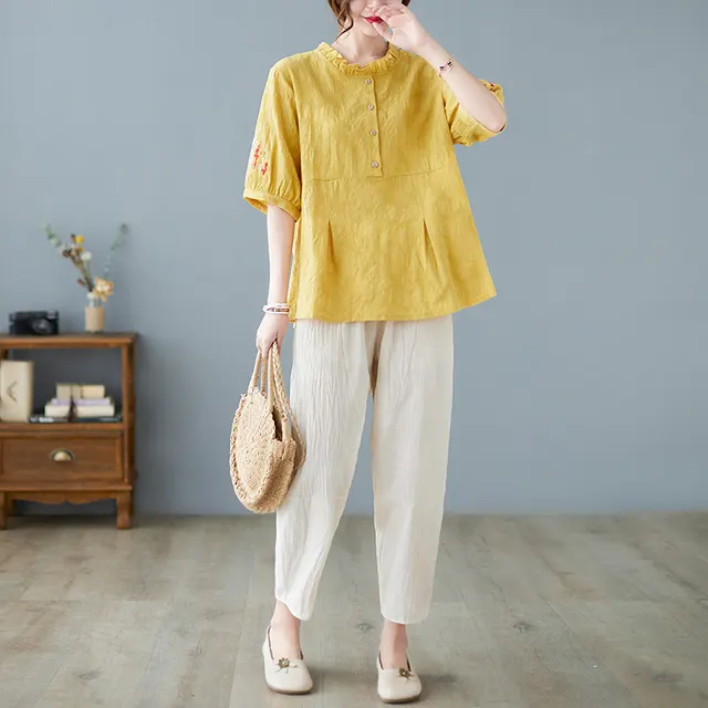 Plus Size Cotton Linen Jacquard Embroidered Loose Top Harem Pants Suit Yellow Set - Shop at LoveMi