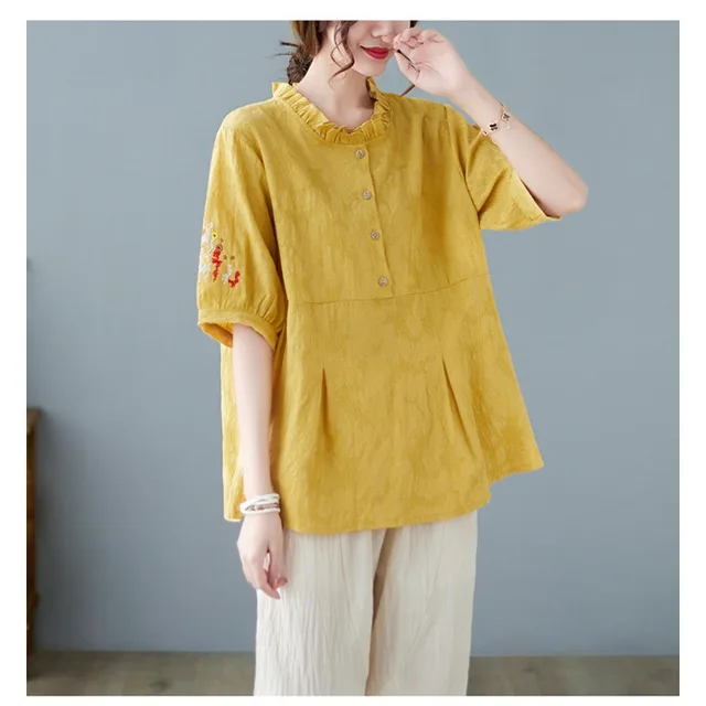 Plus Size Cotton Linen Jacquard Embroidered Loose Top Harem Pants Suit Yellow Top - Shop at LoveMi