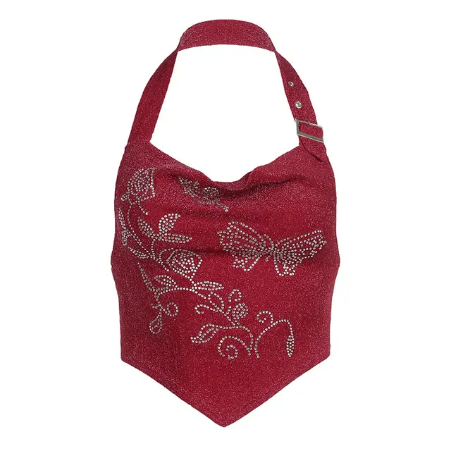 Street Wind Europe And The United States Women's Red With Diamonds Sexy Slim Undershirt Hot Girls Inside Irregular Short Hanging Neck Suspenders Red - Shop at LoveMi