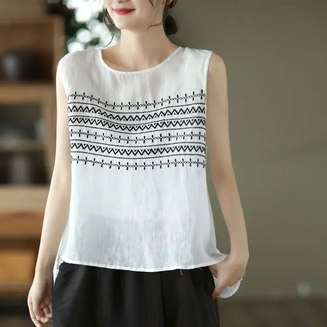 Embroidered Cotton And Linen Top Loose Sleeveless T shirt Vest White - Shop at LoveMi