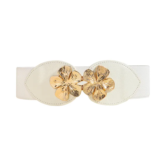 Women's Stretch Elastic Belt Floral Metal Buckle Wide Waist With Coat Skirt White - Shop at LoveMi