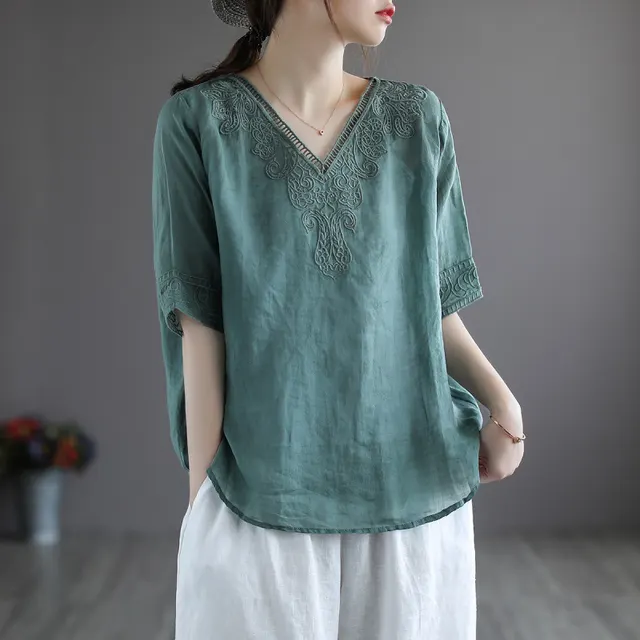 Women's Fashion Retro Cotton And Linen Embroidered V neck Short sleeved T shirt Green - Shop at LoveMi