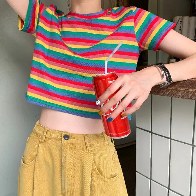 Loose Rainbow Stripes Short Sleeve T shirt Top Rainbow Stripes - Shop at LoveMi