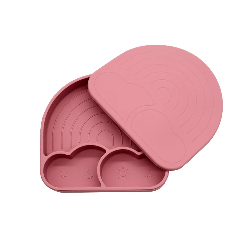 Food Grade Silicone Integrated Split Format Dining Plate - Dark Red Same Colour Cover