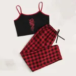 Camisole Red Plaid Casual Trousers Suit - Trousers Suit
