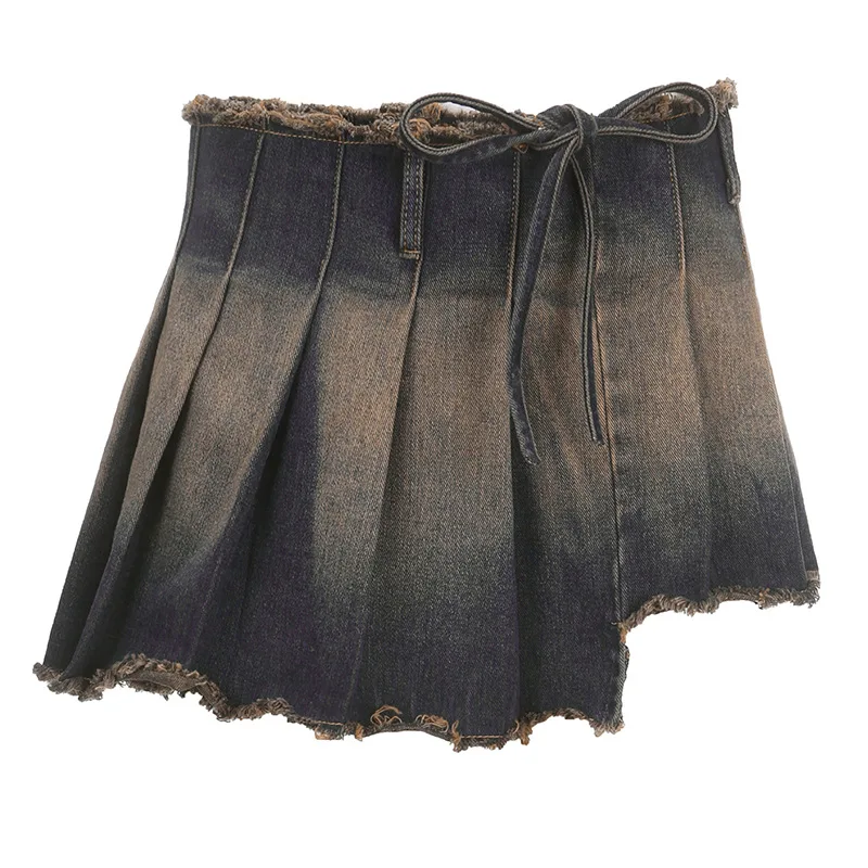High Waist Lace up One piece Washed Denim Skirt Blue - Shop at LoveMi
