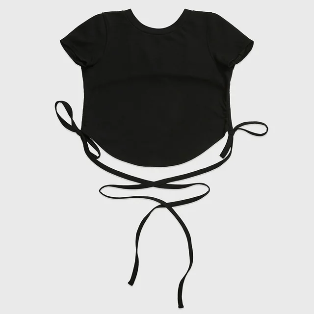 Summer New Yoga Wear Lace up Winding Back Hollow Sexy Sports Short sleeved T shirt Black - Shop at LoveMi