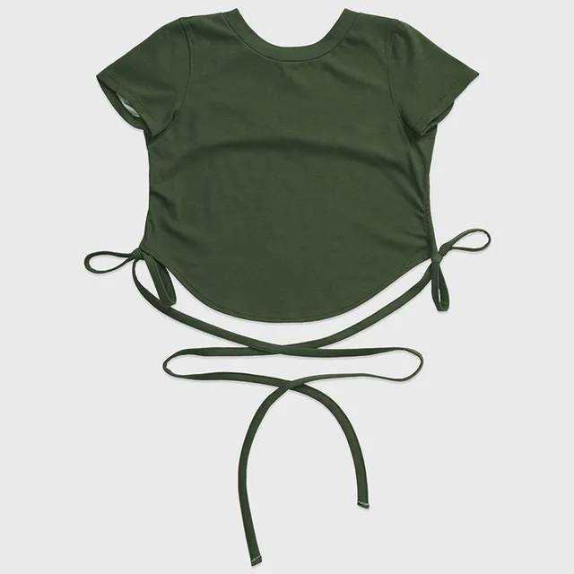 Summer New Yoga Wear Lace up Winding Back Hollow Sexy Sports Short sleeved T shirt Dark Green - Shop at LoveMi