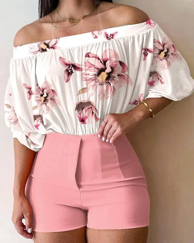 Women's Fashionable Elegant Floral Printed Top And Shorts Suit Pink - Shop at LoveMi