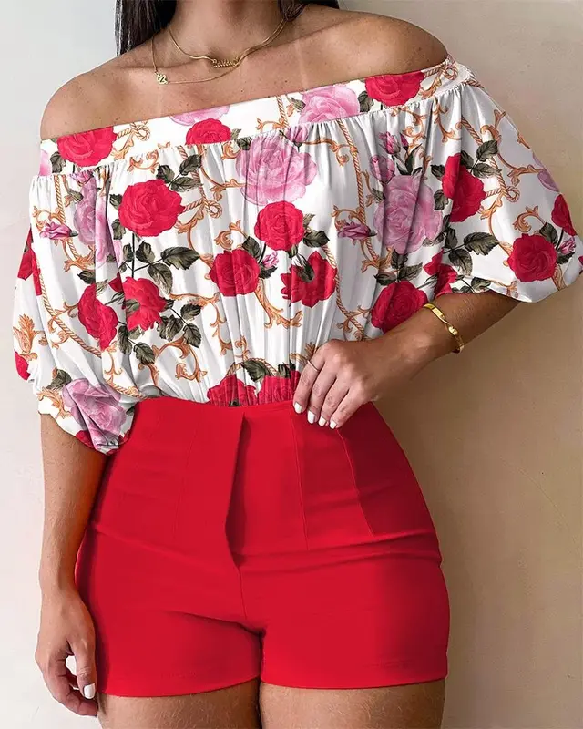 Women's Fashionable Elegant Floral Printed Top And Shorts Suit Red Flowers - Shop at LoveMi