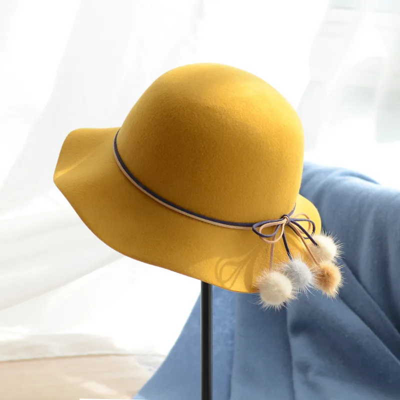 Woolen Warm Fisherman Hat Korean All-matching Basin Hat Lady Felt Cap Mink Fur Ball Billycock - Sunset Yellow