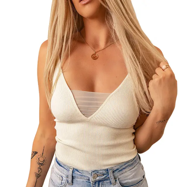 Solid Color Sleeveless Pullover Camisole Low V neck Gauze Knitting Vest Beige - Shop at LoveMi
