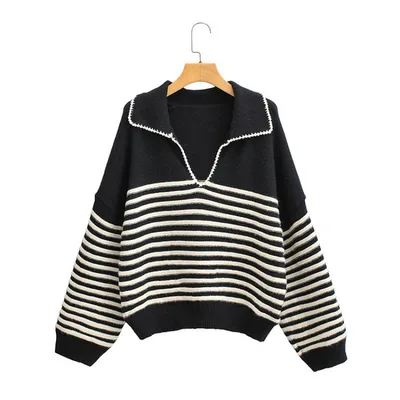 Women's V neck Striped Knitted Sweater Black - Shop at LoveMi