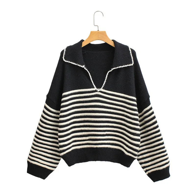 Women's V-neck Striped Knitted Sweater - Black