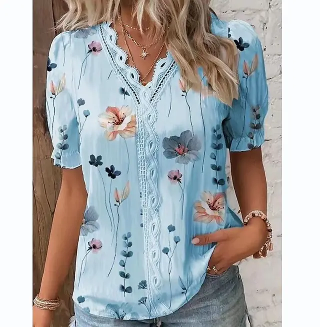V neck Holiday Fashion Floral Short Sleeve Light Blue - Shop at LoveMi