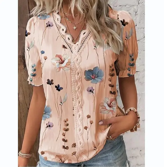 V neck Holiday Fashion Floral Short Sleeve Yellow - Shop at LoveMi