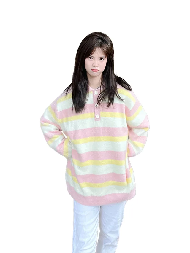 Striped Polo Neck Sweater Thickened And Gentle For Women Pink - Shop at LoveMi