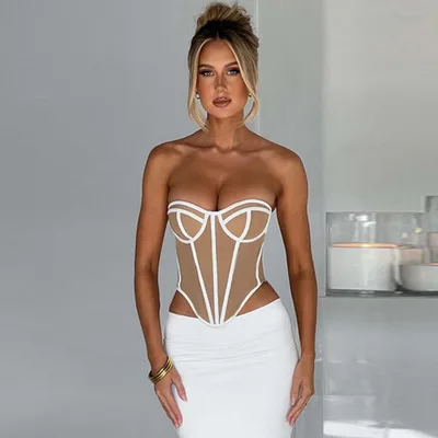 Tube Top Backless Design Lines Contrast Color Corset Top For Women White - Shop at LoveMi