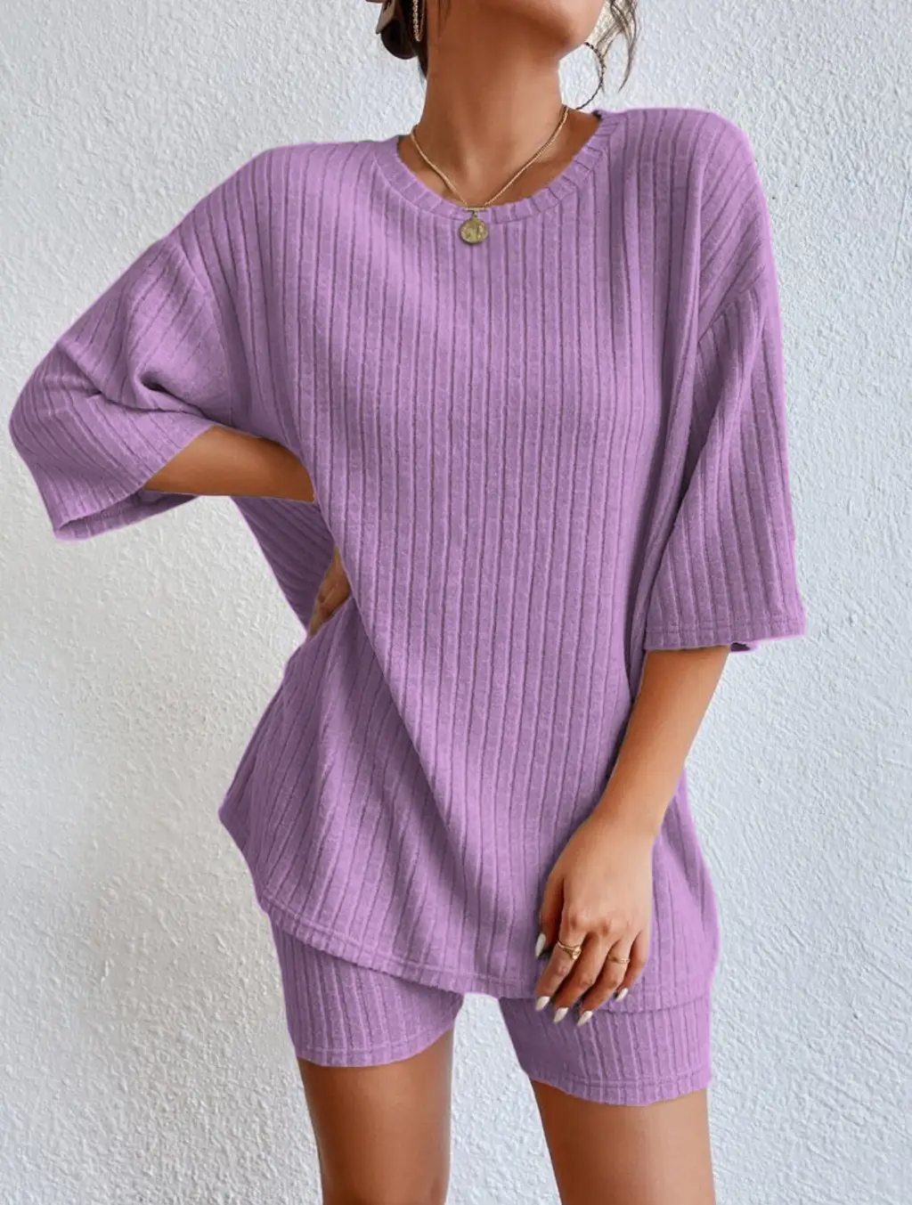 Fashion Casual Solid Color Shorts Suit - Violet