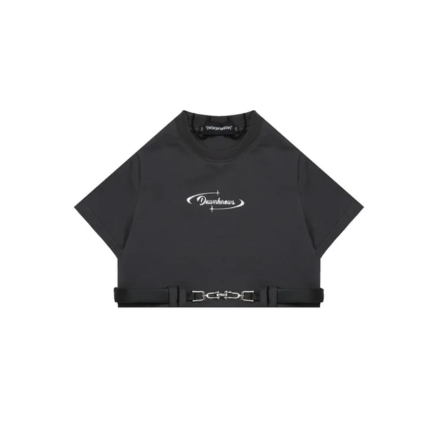 Design Casual Round Neck Short Sleeves Top Dark Gray - Shop at LoveMi