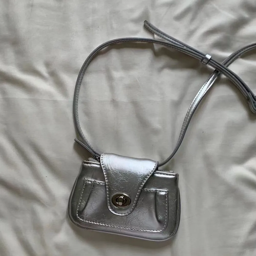 Cute Oil Waxed Leather Chain Shoulder Crossbody Pouch Silver - Shop at LoveMi