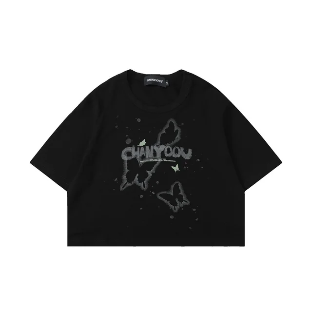 Butterfly Print Short Sleeve Summer Street Ins Fashion Brand Crew Neck Casual Black - Shop at LoveMi